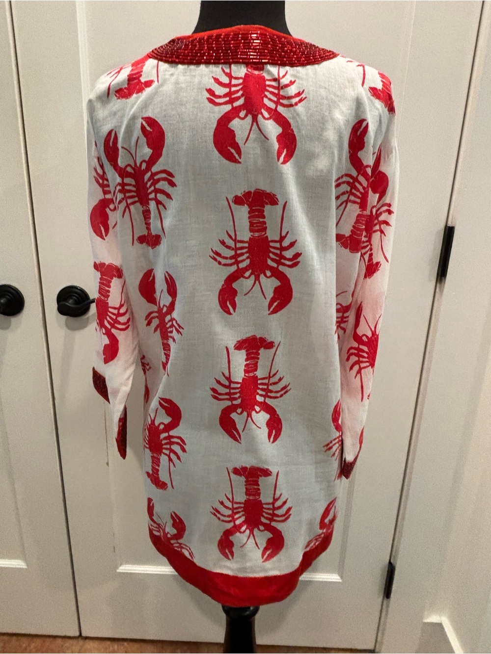 Barbara Gerwit Beaded Lobster Tunic White Red White Womens M Coastal Lobster - Picture 3 of 15